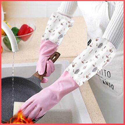 wolpin PVC Hand Gloves for Dishwashing Skin-friendly Reusable Cleaning Gloves, Gardening | Anti-slip Kitchen Cleaning | Pet Grooming | Car Washing | Bathroom Cleaning | Painting (1 Pair Gloves, Pink)