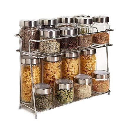 12FOR COLLECTION Stainless Steel 2 Layer Countertop Kitchen Spice Rack|Modular Kitchen Storage Rack|Kitchen Organizer Multipurpose Storage Shelf/Rack, Silver, Tiered Shelf