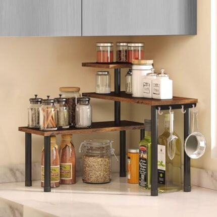 ABJA Kitchen Counter Top Organizer, Shelf Rack for Kitchen Storage, Wooden Corner Shelf, 3 Tier Spice, Oil Stand, Tabletop Adjustable Rack for Makeup, Office (Rustic Brown, 3 Tier)