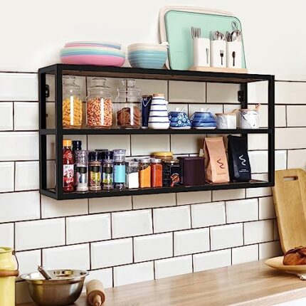 ABOUT SPACE Large Kitchen Rack for Kitchen Accessories - 3 Shelves Wall Mount for Living room - Table top Rack for Storage and Organizer - Metal Frame with Engineered wood (Brown - LxBxH 90x20x45 cm)