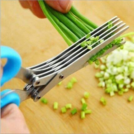 ARTO Multi-Functional Stainless Steel Kitchen Knives 5 Layers Scissors Cut Herb Spices Cooking Tools Vegetable Cutter with Cleaning Brush (Colour Multi)