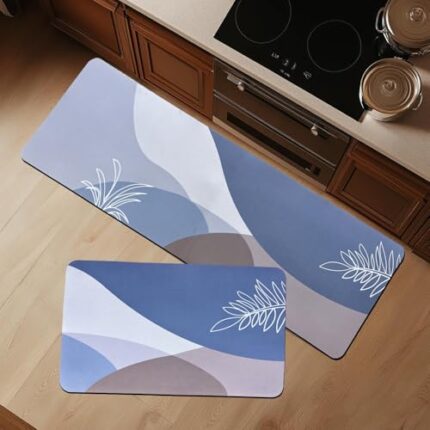 CANWAY Rubber 2 Pcs Anti-Skid Kitchen Mats 3Mm Water Absorbent Rug, Rectangular Carpets, Floor Mat for Home and Kitchen (120X40Cm & 40X60Cm Multicolour) Leaf Print