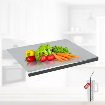 Compact Stainless Steel Chopping Board with Lip for Kitchen | Free Steel Straw | Usable from Both The Side | for Cutting Vegetables, Meat, Fish, Fruits | Anti-Skid | 35 x 30 cm