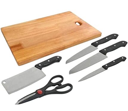 Concepta Wooden Chopping Board with Knife Set and Scissor, 6 Piece Stainless Steel Kitchen Knife Knives Set with Knife Scissor, Knife Sets (Wooden Brown Color)