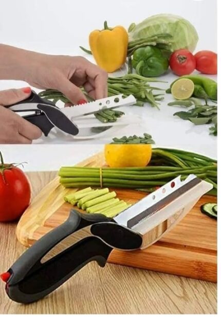 Darvio 4 in 1 Stainless Steel Multi Functional Kitchen Vegetable Clever Cutter for Home and Kitchen with Lock System with Spring Action, Clever Cutter, Stainless Steel Blade, Scissors (Pack of 2)