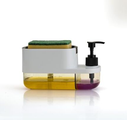 Dhananjay 3 in 1 Soap Pump Dispenser Dish Soap Liquid Dispenser Sponge Holder Dish Soap Pump Dispenser for Kitchen Sink Countertop Kitchen Bathroom (White)