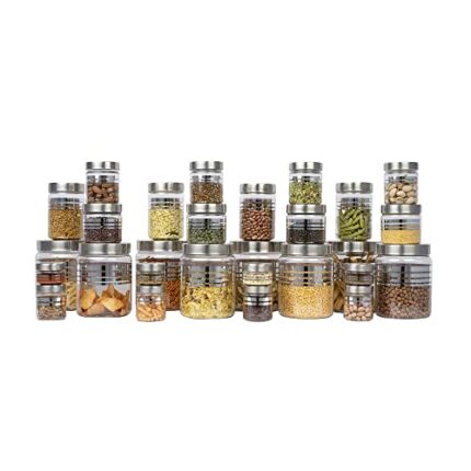 G-PET Silverline 24B PET Kitchen Storage Jars with Steel Cap - 1800ML, 1200ML, 450 ML, 300 ML, 200 ML, 100 ML (Pack of 24), Transparent