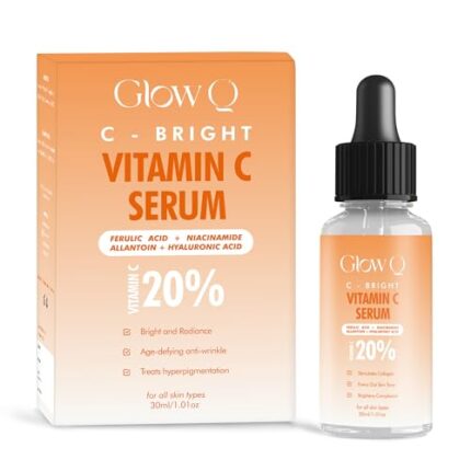 GLOW Q Vitamin C Face Serum- 20% Vitamin C Serum for Face with Niacinamide & Hyaluronic Acid to Help Even Out Skin Tone & Brighten Complexion- Vit C Face Serum for Glowing Skin- For All Skin- 30ml