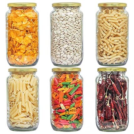 Glass jars for kitchen storage capacity 1kg / 1 ltr /1000ml set of 6 with Air Tight gold Cap Amrutam.Multipurpose Glass Jar for Best to use in Kitchen for Storage & Container.