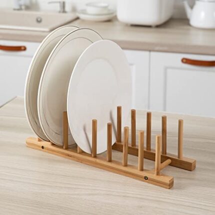 HOKIPO Bamboo Wooden Plate Stand Rack for Kitchen Cabinets Dish Stand Dinner Plate Holder, 8 Slots, 36x12x2 cm (AR-4771)