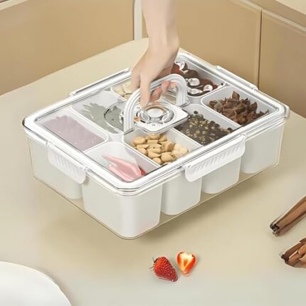 HomeEssentials Kitchen Containers Set - Storage Containers for Kitchen | Airtight Plastic Storage Organizer for Spices | Tray with Lid & Handle | Portable 8 Compartment Snackle Box | Perfect for Party