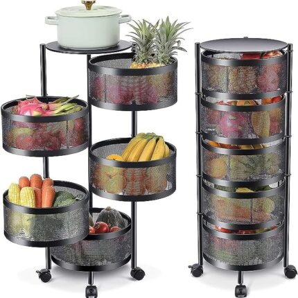Homeor Metal Multi-Purpose Mesh Rotating Trolley Storage Organizer and Kitchen Accessories Items for Kitchen Storage Rack Design for Fruits&VegetableIKitchen Accessories Items,5 Layer, Black, Round