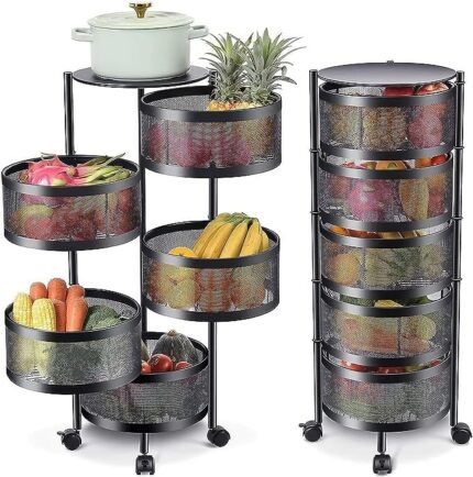 Homeor Metal Multi-Purpose Mesh Rotating Trolley Storage Organizer and Kitchen Accessories Items for Kitchen Storage Rack Design for Fruits&VegetableIKitchen Accessories Items,5 Layer, Black, Round