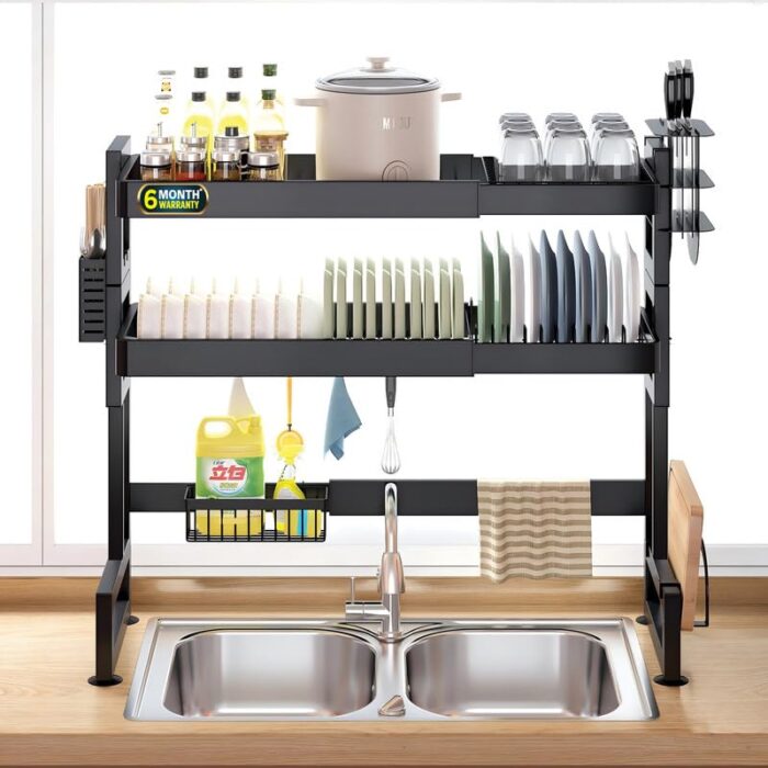 IBELL DR293SM Length Adjustable Dish Drying Rack for Kitchen, 2 Layer, Over The Sink Bartan Stand, Carbon Steel (Black)