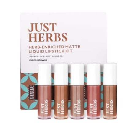 Just Herbs Ayurvedic Liquid Lipstick Kit Set of 5 with Long Lasting, Hydrating & Lightweight Lip Colour, Nudes & Browns - Paraben & Silicon Free - 5 ml