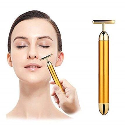 KPD 24k Gold Energy Beauty Bar Electric Vibration Facial Massage V shape Roller Waterproof Face Skin Care T-Shaped Anti Wrinkle Massager for Forehead Cheek Neck Clavicle Arm - Gold Colour