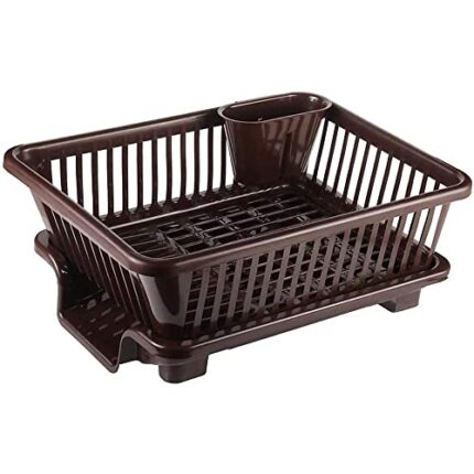 Kitchenwell 3 In 1 Large Durable Plastic Kitchen Sink Dish Rack Drainer Drying Rack Washing Basket With Tray For Kitchen,Dish Rack Organizers,Utensils Tools Cutlery(Pack Of 1)-(Brown),20 X 10 X 10 Cm