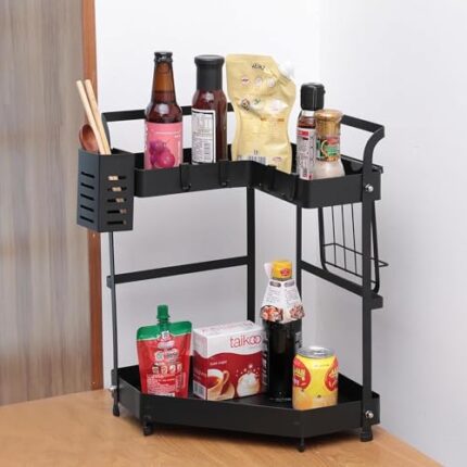 Kuber Industries Corner Kitchen Rack|Spice Rack,Chopsticks Rest, Knife Holder|4 Hooks Kitchen Storage Rack|L Shape Basket (Black)