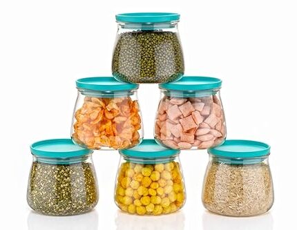 NARIYA Plastic Transparent Curve Airtight Kitchen Storage Round Design Leakproof Multipurpose Grocery Storage Containers for Home and Kitchen (Pack of 6 - Black, 900 Ml)