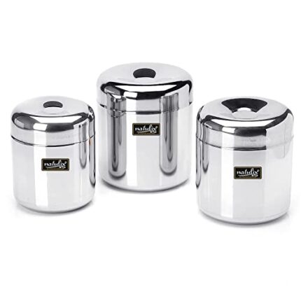 NATULIX Heavy Gauge Multipurpose Small Stainless Steel Containers For Kitchen | Vertical Canisters | Ubha Dabba | Storage Containers Set Of 3Pcs | (320Ml,500Ml,650Ml), Silver