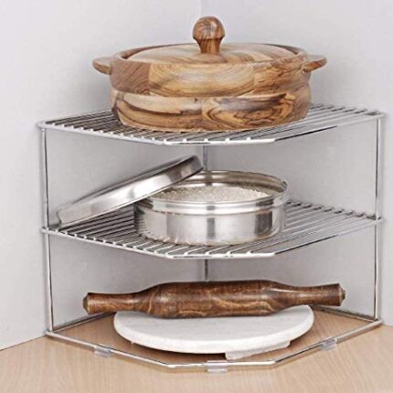NH10 DESIGNS Steel 2-Tier Storage Corners Rack for Kitchen | Plate Dish Corner Self Stand Holder | Kitchen Space Saver Racks| Tray Pan Pot Storage Rack (NHSP)