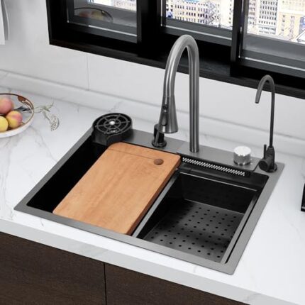 Plantex Heavy Duty Stainless Steel Waterfall Kitchen Sink with Anti Scratch Honeycomb Design/Luxurious Sink for Kitchen with Pull Down Faucet - Multifunctional Modern Sink (24x18 Inch, Nano Black)