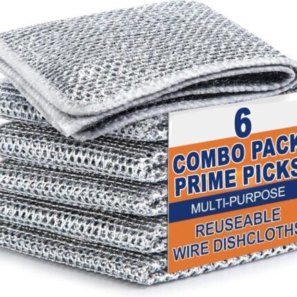 Prime Picks Multipurpose Non-Scratch Wire Dishcloths - Stainless Steel Scrubber Rags for Dishes, Sinks, Counters - Wet & Dry Reusable Cleaning Cloth, Machine Washable (Pack of 6)
