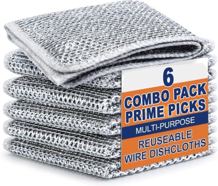 Prime Picks Multipurpose Non-Scratch Wire Dishcloths - Stainless Steel Scrubber Rags for Dishes, Sinks, Counters - Wet & Dry Reusable Cleaning Cloth, Machine Washable (Pack of 6)