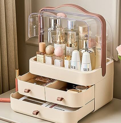 RMAN Makeup Storage Dust-proof Vanity Table Storage Box with 3 Drawers Carrying Handle Beauty Organizer for Dresser Bathroom, Bedroom - Brown