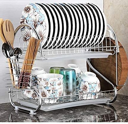 ROY S Shape 2 Layer Chrome Coated Kitchen Dish Drainer Organize Storage Rack - Plate, Cutlery Utensil, Fruits And Vegetable Drying Drain And Storage Stand (Silver)(Chrome Coted)