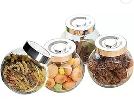 SAND DUNE Set of 4, 200 ml Each Storage Glass Jar Steel Cap, Transparent | BPA Free | Storage Jar Containers/Barni for Kitchen for Aachar Pickle, Dry Fruits, Masala, Spices, and dals.