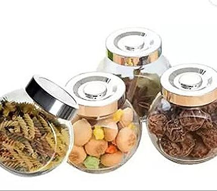 SAND DUNE Set of 4, 200 ml Each Storage Glass Jar Steel Cap, Transparent | BPA Free | Storage Jar Containers/Barni for Kitchen for Aachar Pickle, Dry Fruits, Masala, Spices, and dals.