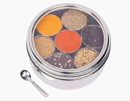 SCG Stainless Steel Spice Storage Container with See-Through Lid 7 Bowls and 1 Spoon | Masala Dibba| Condiment Container for Kitchen 1500ml