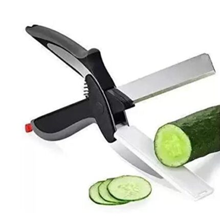 SHOPOLIFE Clever Knife Cutter Scissors, 2 in 1 Food Chopper Slicer Dicer, Kitchen Scissors for Vegetable and Fruit Cutting with Mini in Built Chopping Board (1 Pc - Multicolor)