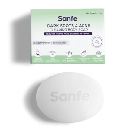 Sanfe Dark Spots & Acne Clearing Body Soap | Prevents Body Acne, Bumpy Skin & Fades Dark Spots | Salicylic Acid 2% W/W, Benzoyl Peroxide | Non Drying Formula (Pack of 1)