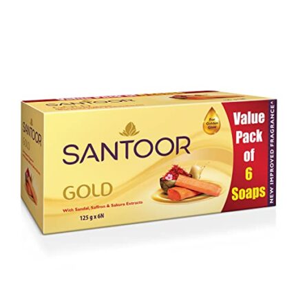 Santoor Gold Bathing Bar Soap with Kashmiri Saffron, Sandal & Sakura Extracts for Soft & Younger-Looking Skin| Gentle & Rich Lathering Formula with Refreshing Fragrance| For All Skin Types| 125g, Pack of 6