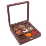 Shyre Wooden Masala Box with Antique Lock & Spoon|Spice-Fit Tabletop Glass Lid | Multipurpose Dry Fruit Box|Kitchen Masala Dani(Handcraft Sheesham Wood, Detachable containers, Brown) (9 Box Container)