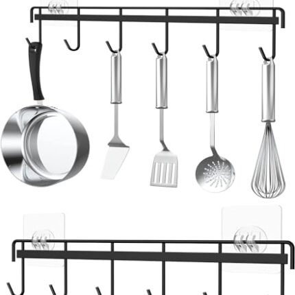 TORO Kitchen Utensil Hanger Holder Adhesive Kitchen Hanger Rail, Hanging Rack Wall Mounted Rail for Spoons Coffee Mug Cups Tags (Black) (Pack 02)