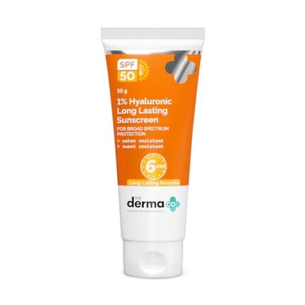 The Derma Co 1% Hyaluronic Long Lasting Sunscreen Spf 50 Pa++++ With Hyaluronic Acid & Vitamin E For Broad Spectrum Protection- 50 G, All Skin Types |6 Hrs. Sun Protection|Water & Sweat Resistant