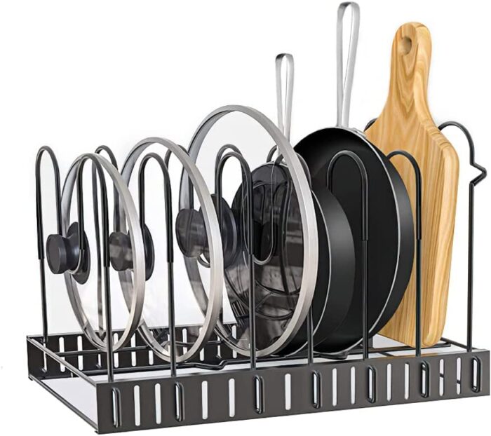 Tisany Metal Pot And Pan Organizers Rack For Cabinet, Organizer Holder Cabinet Kitchen Pantry, Lid With 5 Adjustable Dividers (5 Dividersblack, Countertop, Tiered Shelf)