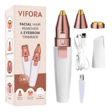 VIFORA 2-in-1 Rechargeable Eyebrow Trimmer & Facial Hair Remover Razor for Women - Replaceable Heads, Professional Personal Hair Removal Machine with Indicator Lights (White)