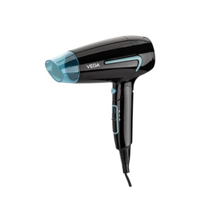 Vega U Style Foldable Hair Dryer for Women & Men with 1600 Watts, Cool Shot Button, 2 Speed/3 Heat Settings, Detachable Nozzle, Travel Friendly, Fast Hair Drying, (VHDH-24), Black