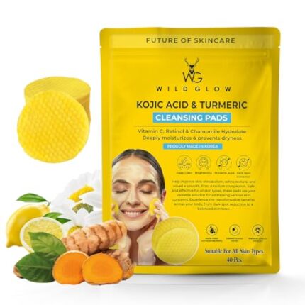 WILDGLOW Turmeric & Kojic Acid Face Cleansing Pads for Dark Spots, Skin Brightening & Acne Prevention | Vitamin C, Retinol & Chamomile Hydrolat | For Women & Men | All Skin Type | 40 Pieces Pack of 1