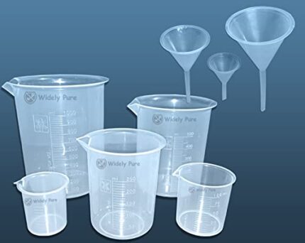 Widely Pure Transparent Plastic Measuring Beaker Set Combo 1000,500,250,100,50ml for Laboratory and 3PCS Plastic funnels for Laboratory and Kitchen use funnels Set All Purpose Funnels