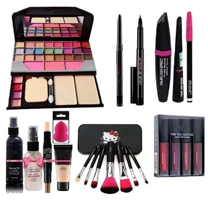 Women's & Girl's TYA 6155 Makeup Kit with 7 Pcs Black Makeup Brushes, 4IN1 Red Edition Matte Mini Lipstick, Fixer, Primer, Contour, Foundation, 36H, Kajal, 3in1 Combo and Beauty Blender - (Pack of 22)