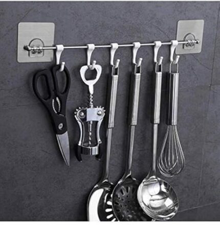 Xacton Stainless Steel Hangers and Hook with Magic Sticker I No Drill Self-Adhesive Rod & 9 Hooks I Wall Mounted Utensil Hanging Rack I for Cloth Kitchen Bathroom Accessories Items - Silver (1 Pcs)