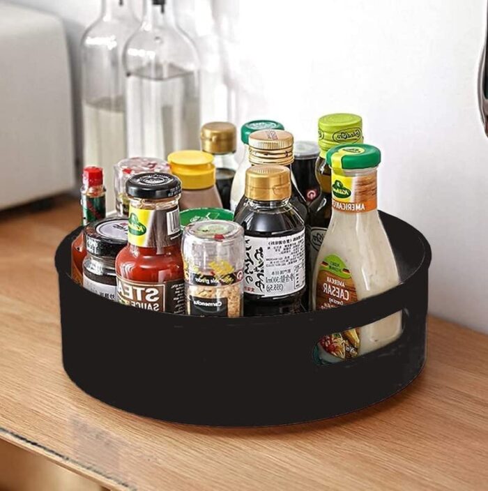 YKXIMS Multi-Purpose 360° Rotating Kitchen Organizer Tray Lazy Susan Rack Kitchen Storage Revolving Tray Cosmetic Organizer Rotating Tray Lazy Susan for Kitchen Spice Box (Black)