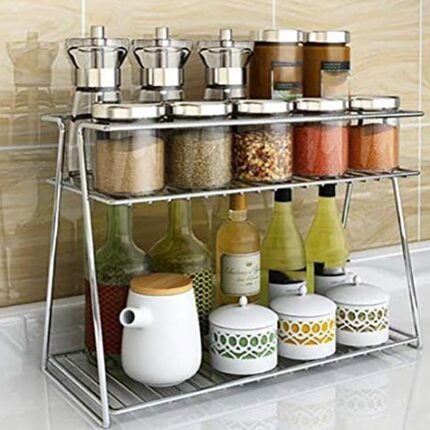 zebzo Stainless Steel 2 Tier Kitchen Rack- Spice Boxes Rack -Kitchen Organizer –Kitchen Stand - Cosmetic Organizer – Counter Top Basket -Floor Mounted Shelf for Home and Bathroom(33 * 15 * 24) CM