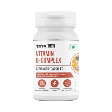 Tata 1mg Vitamin B Complex Capsules with 100% RDA for B1,B2,B3,B5,B6,Biotin, with Vitamin C and E, Helps Maintain Energy, Immunity and Skin Health, For Women & Men, Pack of 60 Vegetarian Capsules